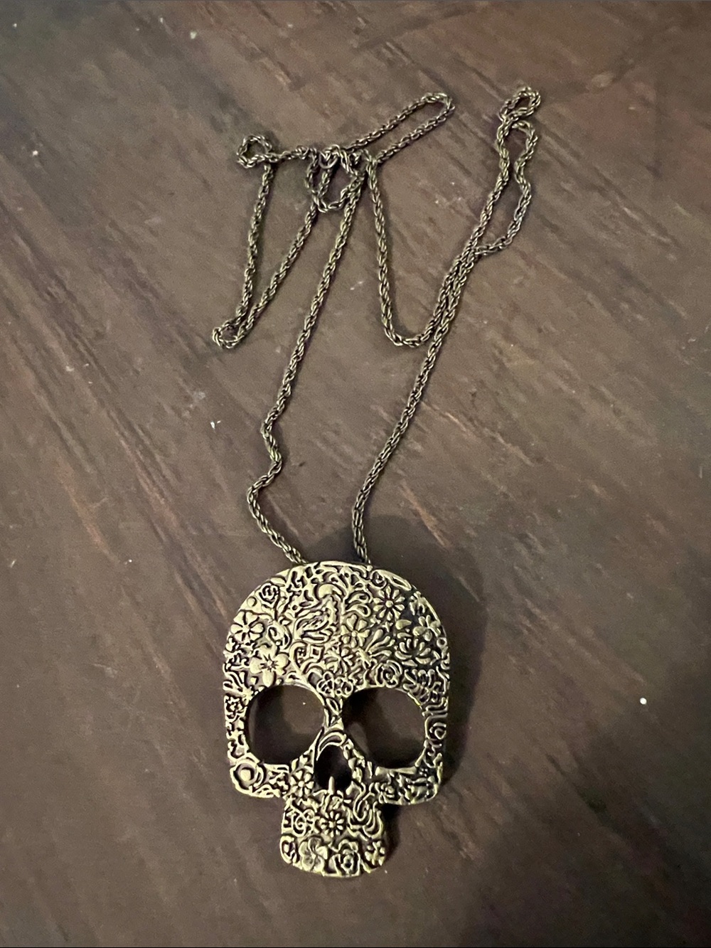 Intricate Floral Skull Pendant Necklace - Gold Tone